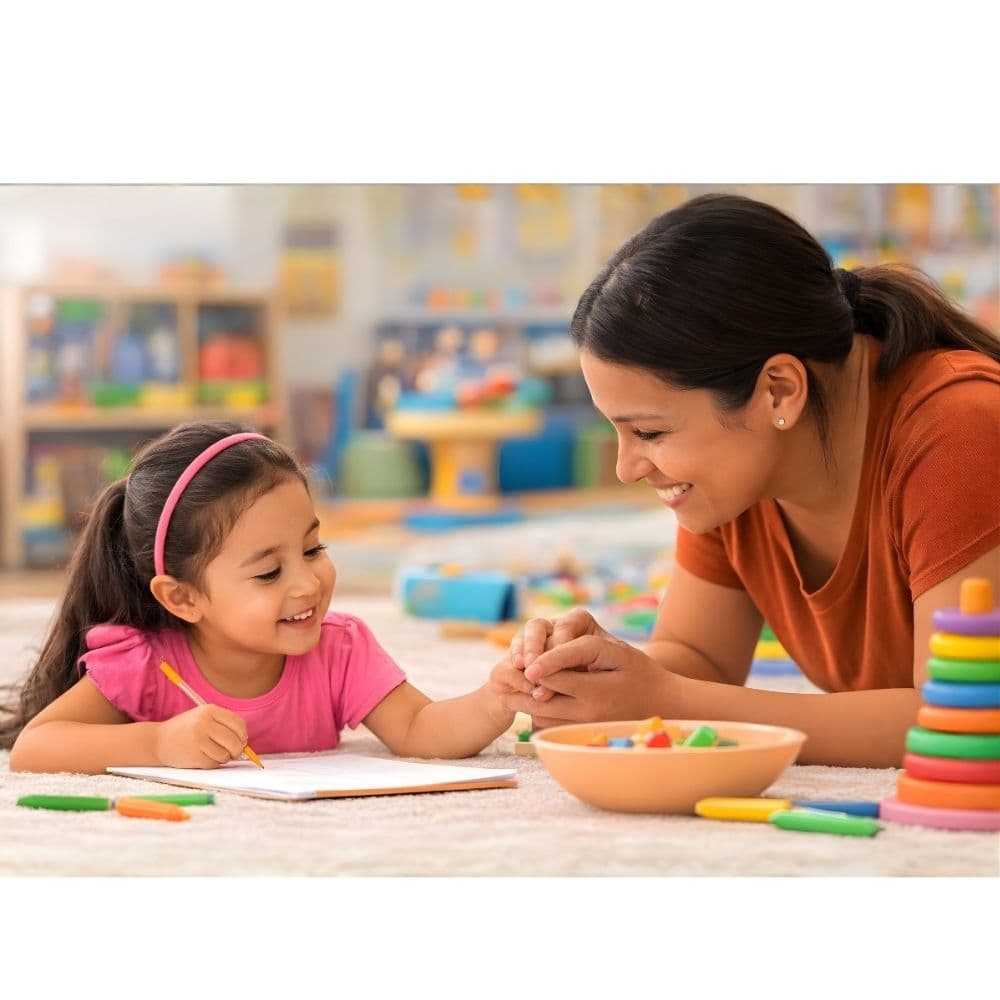 Caregiver smiling with child at Casita Daycare in Tucson